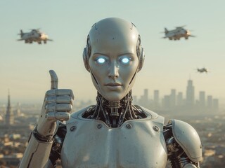 Futuristic Robot Thumbs Up in a Dystopian City, Showing Optimism and Positivity.