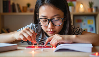 Fototapeta premium Young Asian girl assembling electronics while studying at home 