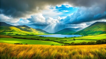 Obraz premium Dramatic sunbeams pierce stormy clouds over green valley