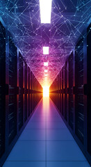 Illuminated server room with network connection overlayed