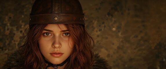 Portrait of a Fierce Viking Woman, Eyes Full of Determination, Wearing a Leather Helmet.