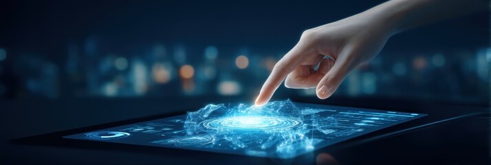 A hand interacts with a futuristic holographic digital interface on a tablet, emitting blue light and data visualization in a dark, tech-inspired environment.