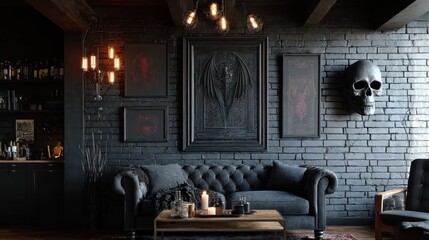 Dark, moody living room with exposed brick walls, a tufted sofa, and dark artwork featuring gothic imagery.  Candles and skull decor add to the dramatic atmosphere