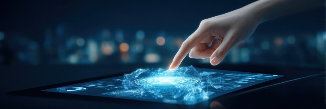 A hand interacts with a futuristic holographic digital interface on a tablet, emitting blue light and data visualization in a dark, tech-inspired environment.
