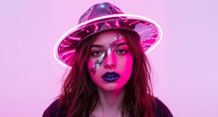 Portrait of a woman in a neonlit hat with futuristic makeup, illuminated by pink light.