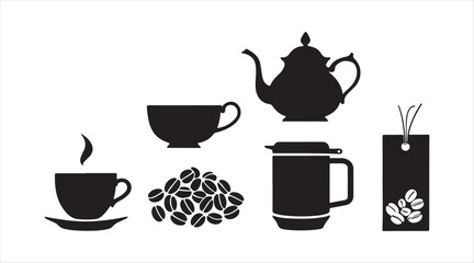 silhouette icon set that includes coffee and tea essentials: a coffee cup, teapot, takeaway mug, tea bag, and coffee beans, designed in solid black fill and a minimalistic style, isolated.