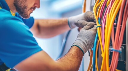 Technician Expertly Managing Complex Network Cables with Precision
