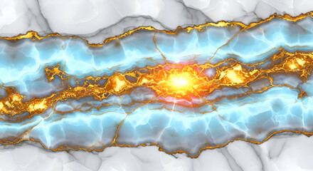 Abstract marble texture with blue veins and golden accents background 