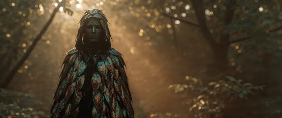 Forest Dweller. A Mystic Figure in a Leafy Cloak Amidst the Golden Sunlight.