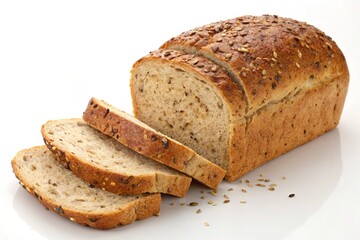 Deliciously sliced whole grain bread with seeds isolated on white background