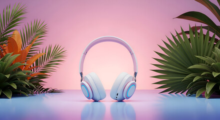 Headphones on a reflective surface with a tropical theme