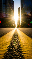 Urban road with yellow lines leading to the bright sunlight