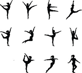 Twelve Dynamic Female Gymnast Silhouettes: Artistic Poses, Black and White, Active Mood.