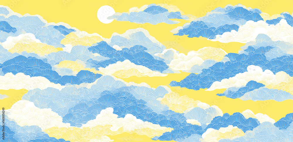 Poster stylized blue clouds float against a yellow background with delicate linework.
