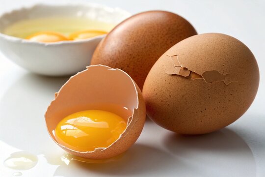 Fresh brown eggs and cracked egg with yolk isolated on white background