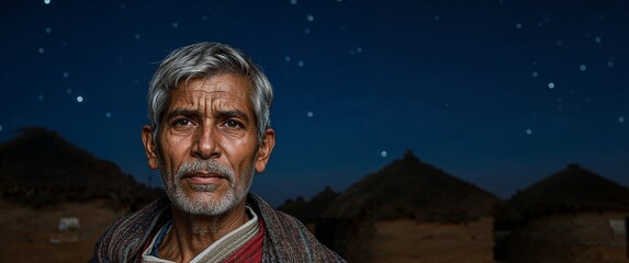 A Portrait of a Wise Old Man Under the Starry Sky in His Traditional Village.