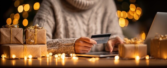Cozy online shopping with a credit card surrounded by festive lights and wrapped gifts creates a warm holiday feeling.