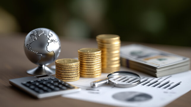 Front View of Financial Planning Scene Featuring Bar Graphs, Paper Money from Multiple Countries, Calculator, and World Map Background, global economy concept, international financial planning, world 