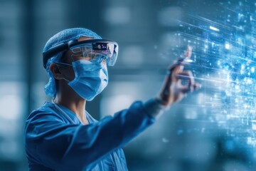 A healthcare professional wearing augmented reality glasses interacts with a transparent digital interface, symbolizing advanced medical technology and innovation.