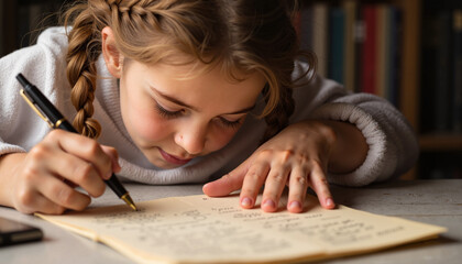 Young girl writing notes with pen while studying at table  