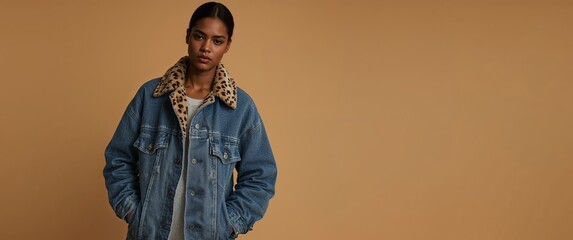 Denim Jacket with Leopard Fur Collar. A Fashionable and Stylish Outerwear Choice.