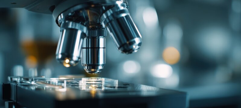 The microscope focused on a glass slide highlighting scientific investigation and discovery.
