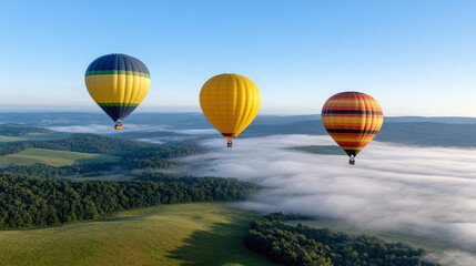 Fototapeta premium Colorful hot air balloons float above misty landscape, creating serene and picturesque scene