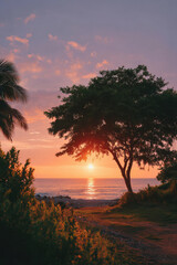 Obraz premium capture breathtaking sunset in tropical rainforest featuring isolated tree against serene backdrop