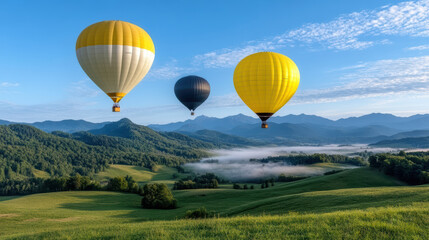 Naklejka premium Colorful hot air balloons float over lush green hills and misty valleys, creating serene