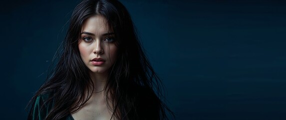 A Captivating Portrait of a Young Woman with Long Dark Hair and Piercing Gaze.