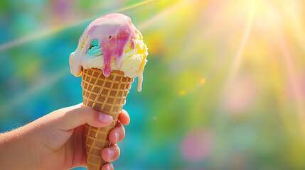 Child holding melting colorful ice cream cone in bright sunlight
