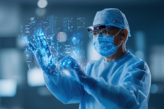 A healthcare professional wearing protective gear interacts with a futuristic digital hologram interface in a modern medical environment.