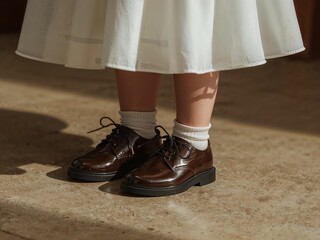 Girl in White Dress and Brown Leather Shoes. A Stylish and Classic Combination.