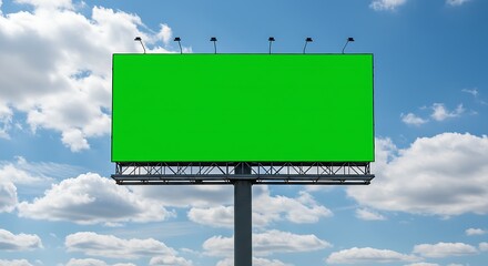 Large outdoor billboard with blank green screen against a cloudy blue sky.