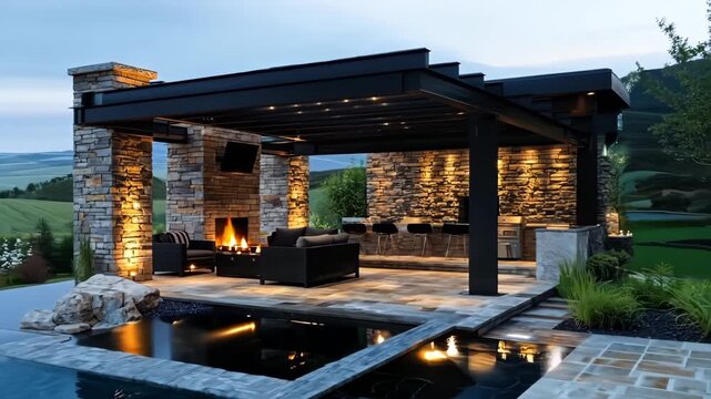 A patio with a fire pit and a grill area next to a pond