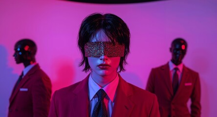 Futuristic Blindfold Fashion Red Suit in Neon Light, Cyberpunk Style, Fashion Portrait.
