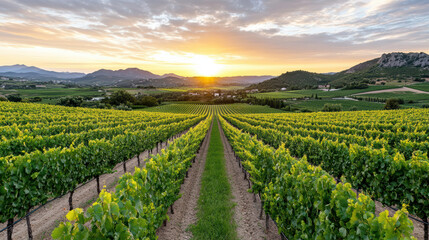 Naklejka premium Vineyard rows stretch towards vibrant sunset, creating serene landscape filled with lush