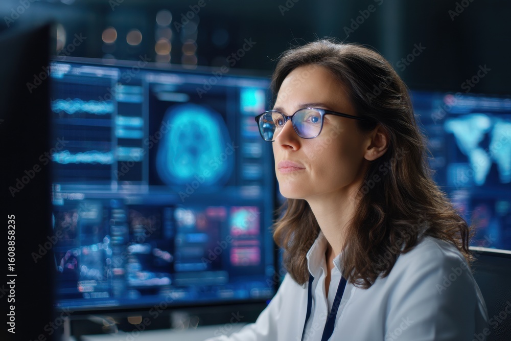 Poster a focused female scientist analyzes brain scans on multiple monitors in a high-tech laboratory setti