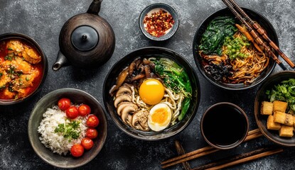 Delicious Asian cuisine featuring flavorful noodle bowls and savory dishes, beautifully arranged for a satisfying and comforting meal.