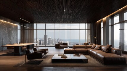 Luxurious penthouse interior, panoramic city views, leather furniture, modern design, natural light