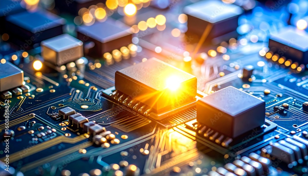 Poster explore the vibrant details of modern microchip technology with its intricate circuit patterns and g