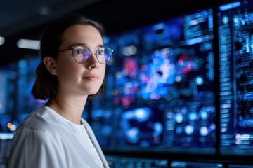 A focused woman with glasses studies complex data on multiple digital screens in a high-tech control room or data center environment.