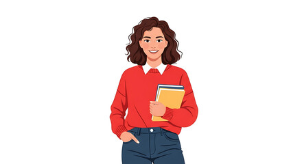 Fototapeta premium A smiling woman with curly hair holding books wearing a red sweater and blue jeans on white background ai generated