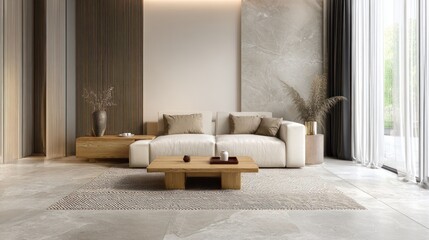 Airy, modern living room with beige sofa, wood accents, and marble wall