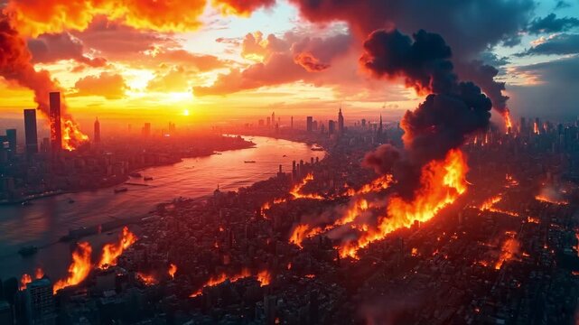 A view of a city on fire with a sunset in the background