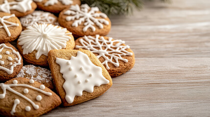 Fototapeta premium Festive cookies decorated with icing on wooden table create warm holiday atmosphere