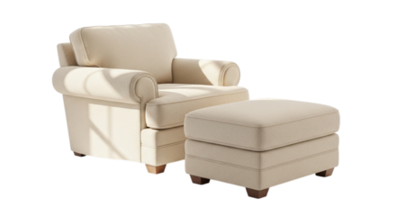 Comfortable beige armchair and matching ottoman isolated on transparent background
