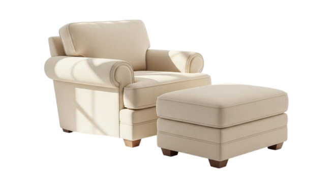 Comfortable beige armchair and matching ottoman isolated on transparent background