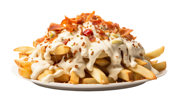 fast food, small pieces of cut up roast chicken sitting on a bed of hot thick fries, small pieces of bacon, all covered in thin creamy drizzle of white sauce in a zig zag pattern over everything
