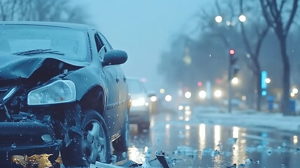 Wrecked car abandoned after an accident on a snowy urban street at night